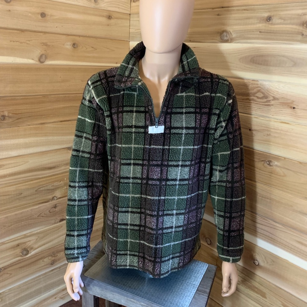 Vintage Plaid Quarter-Zip Sherpa Fleece Pullover‎ Sweater Army Camo Colour Large